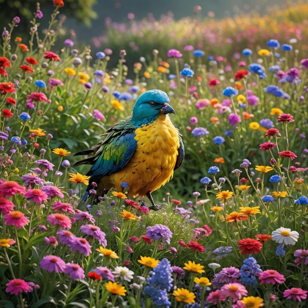 Bird Among Rainbow Flowers: Professional Photography