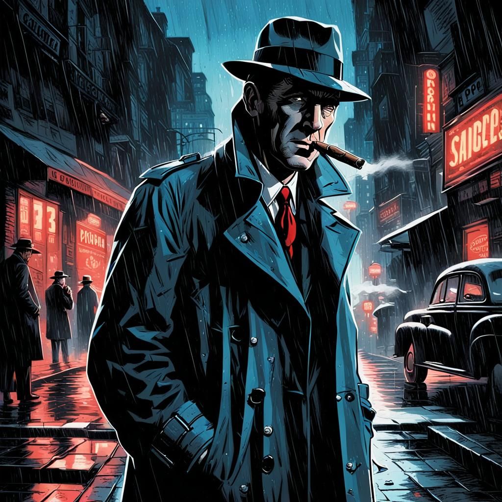Raypunk Film Noir Comic Scene with Private Investigator