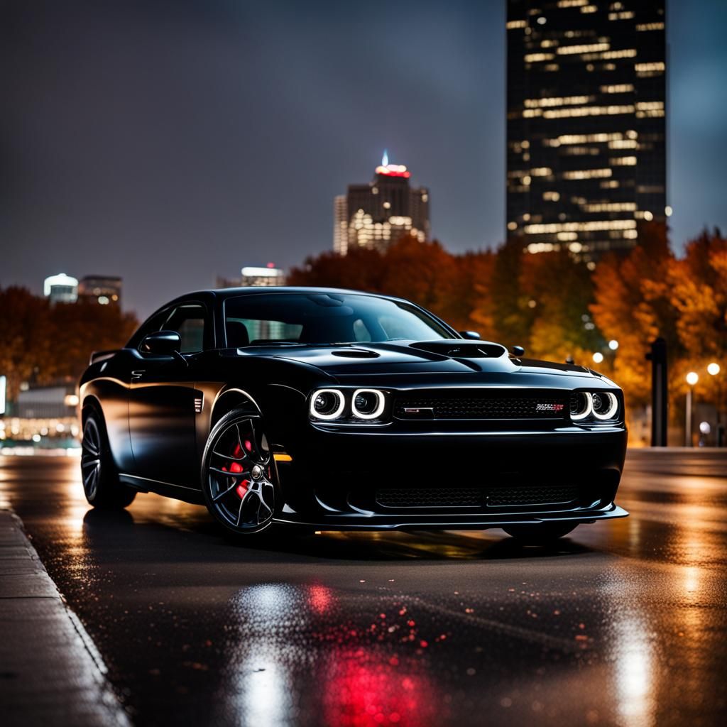 Black Dodge Hellcat SRT in Autumn Cityscape