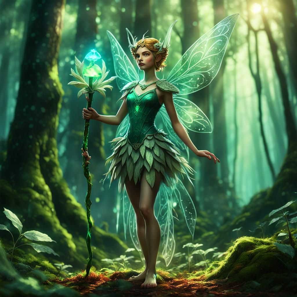 Earth Fairy with Emerald Staff in Forest
