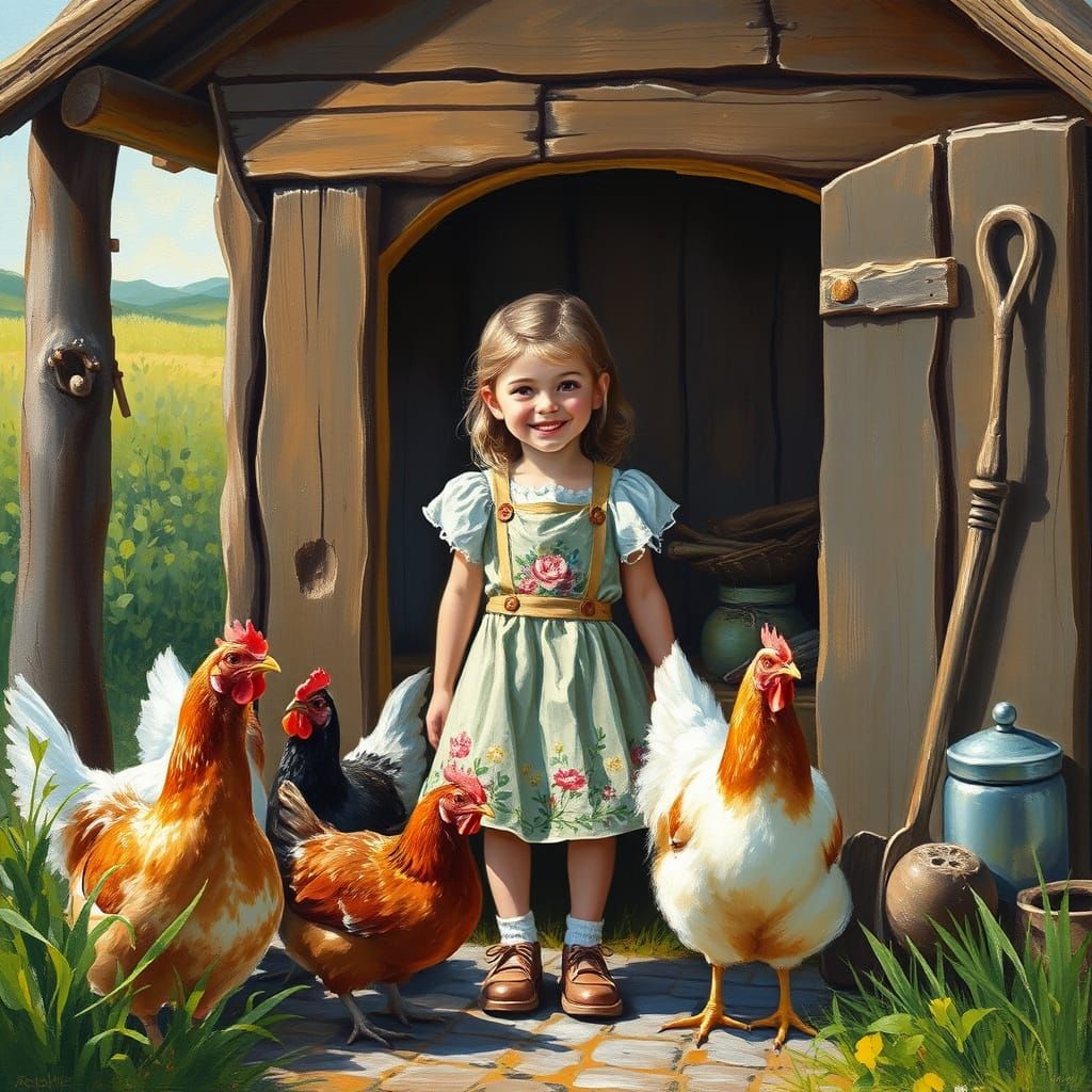 Rural Charm: Young Girl Surrounded by Chickens in Impression...