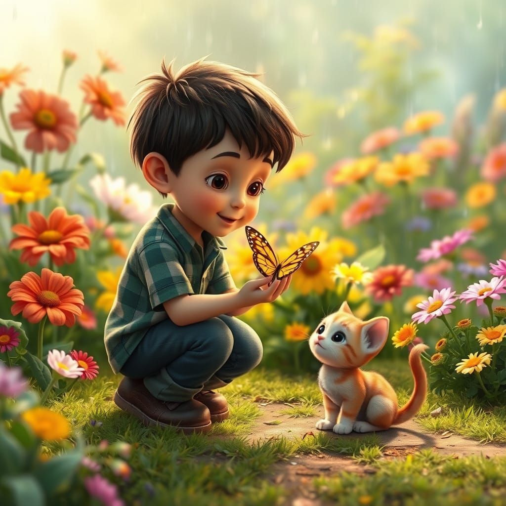 Whimsical Moment of Kindness in a Vibrant Garden Scene