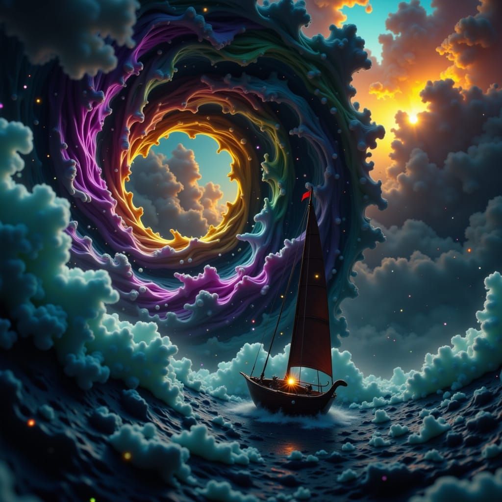 Sailboat in Dark Waters with Swirling Mist