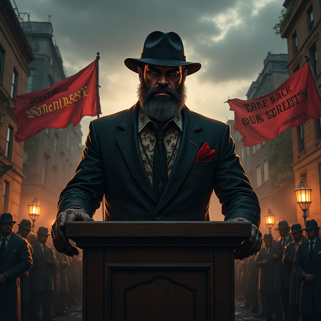 Gangster's Ominous Speech in Decaying Cityscape