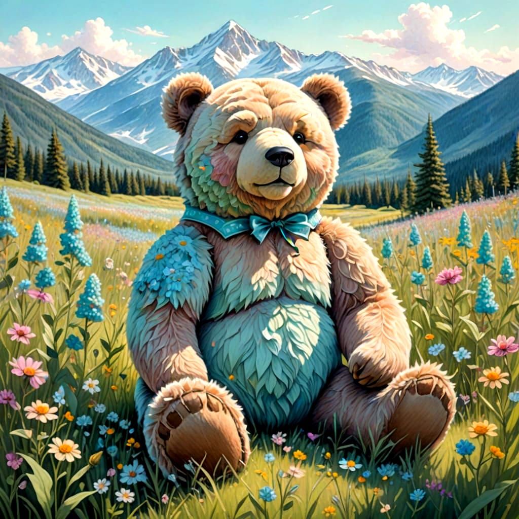 Giant Turquoise Teddy Bear in Wildflower Field: Pencil Sketc...