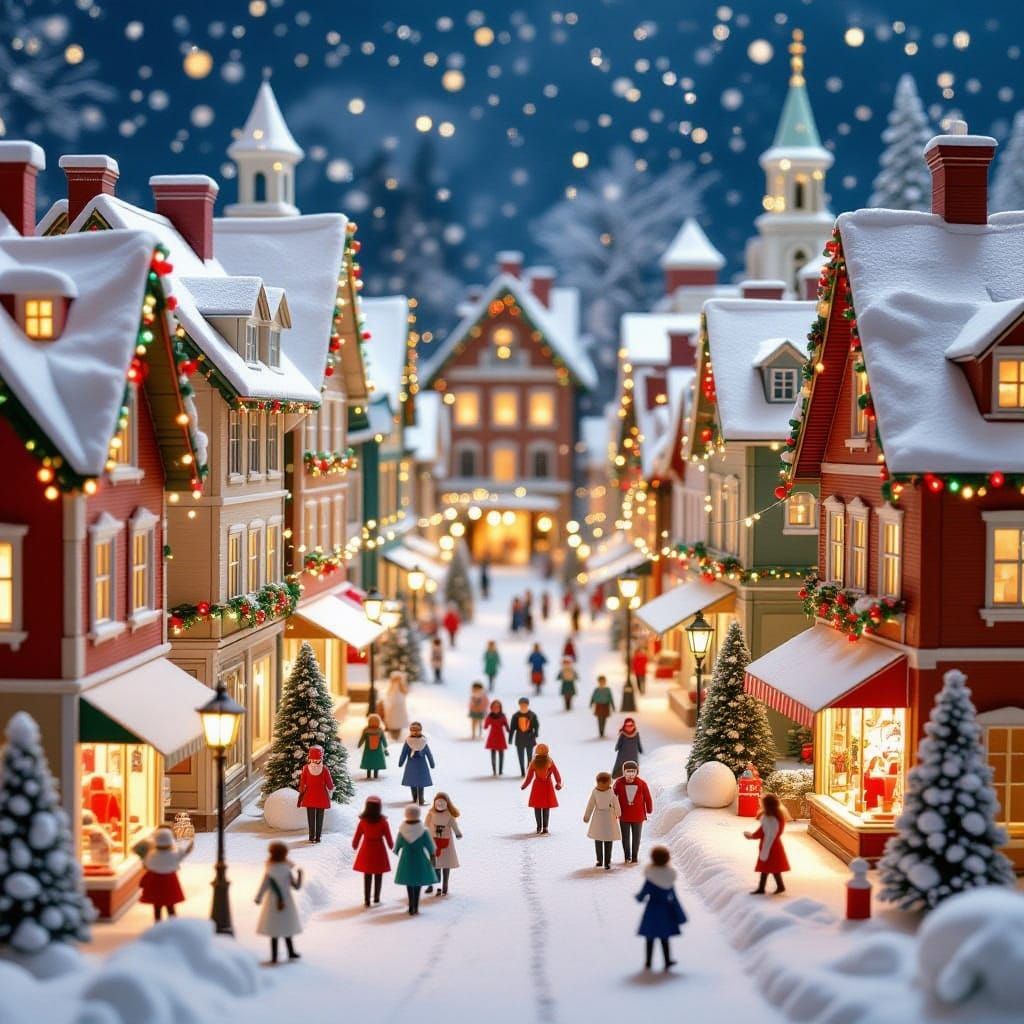 Origami Christmas City Scene with Paper People