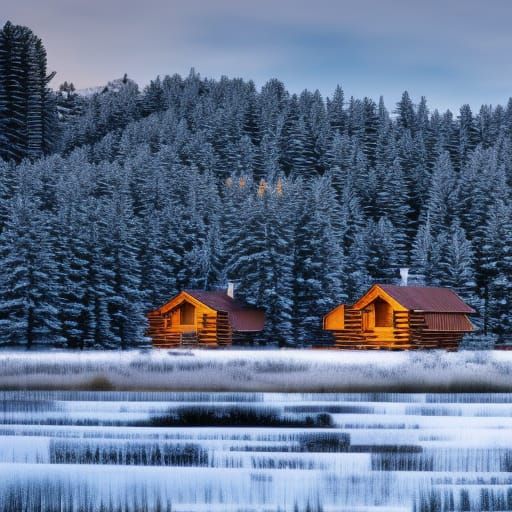 Winter Snow Landscape with Log Cabins
