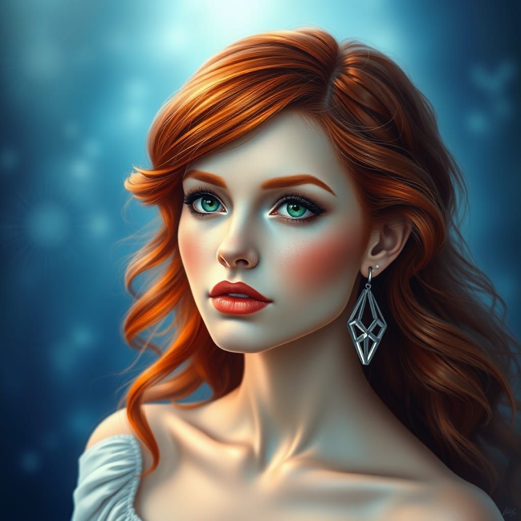 A vibrant portrait of an elegant redhead  woman withGREENeye...