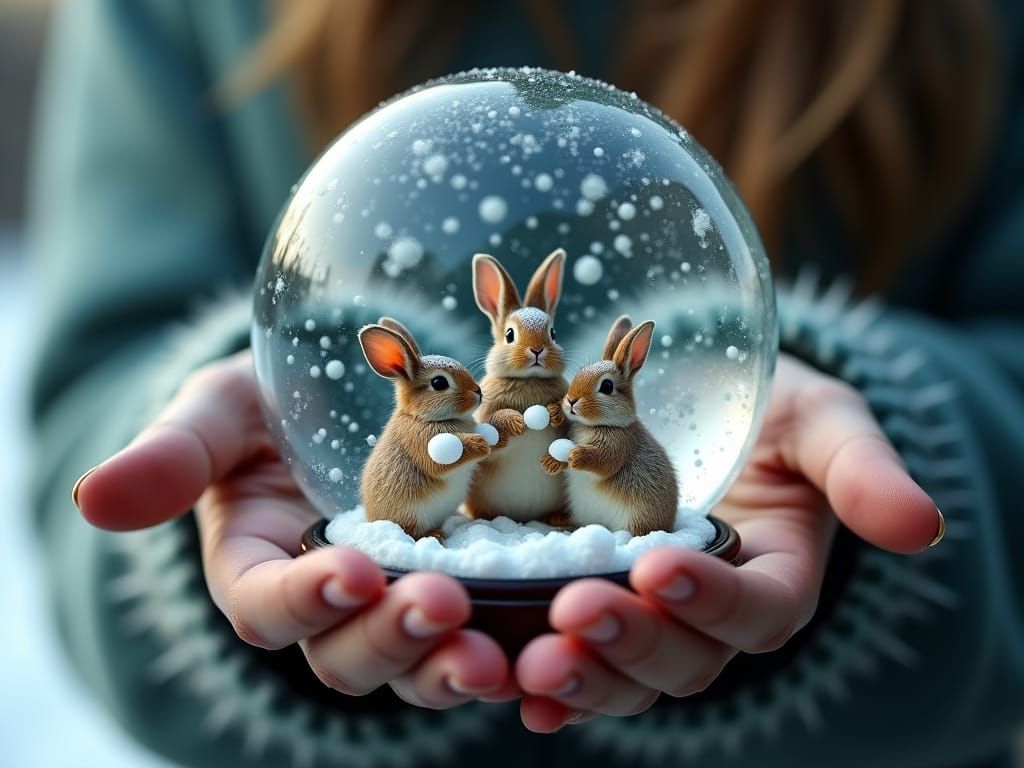 Woman Holds Snow Globe with Rabbit Snowball Fight