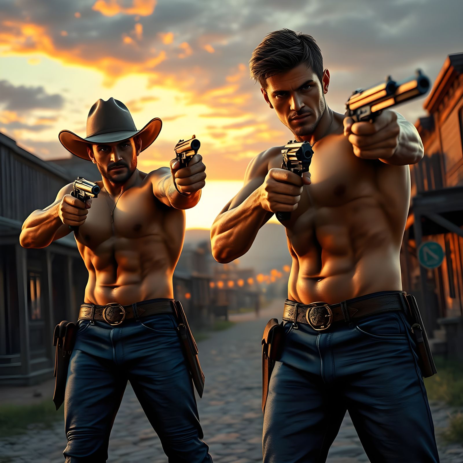 Surreal Sunset Showdown: Muscular Outlaw Cowboys in Detailed...