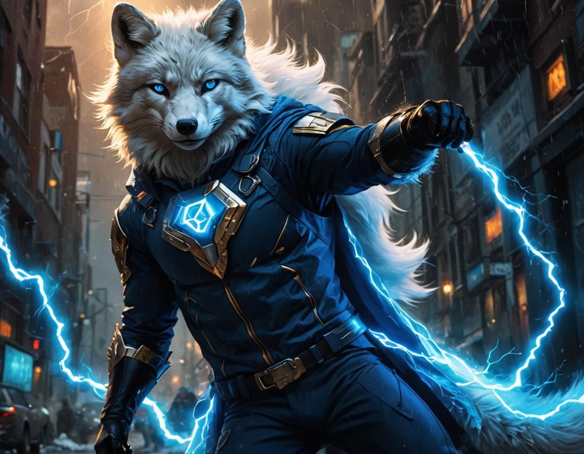 Arctic Fox Superhero Wields Lightning in Dramatic Lighting