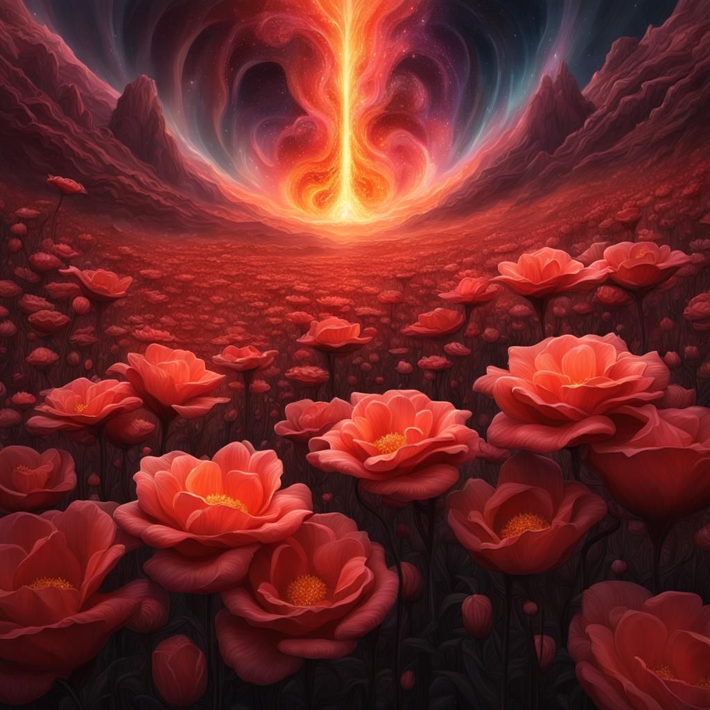 Mystical Flower on Fire with Dew Drops