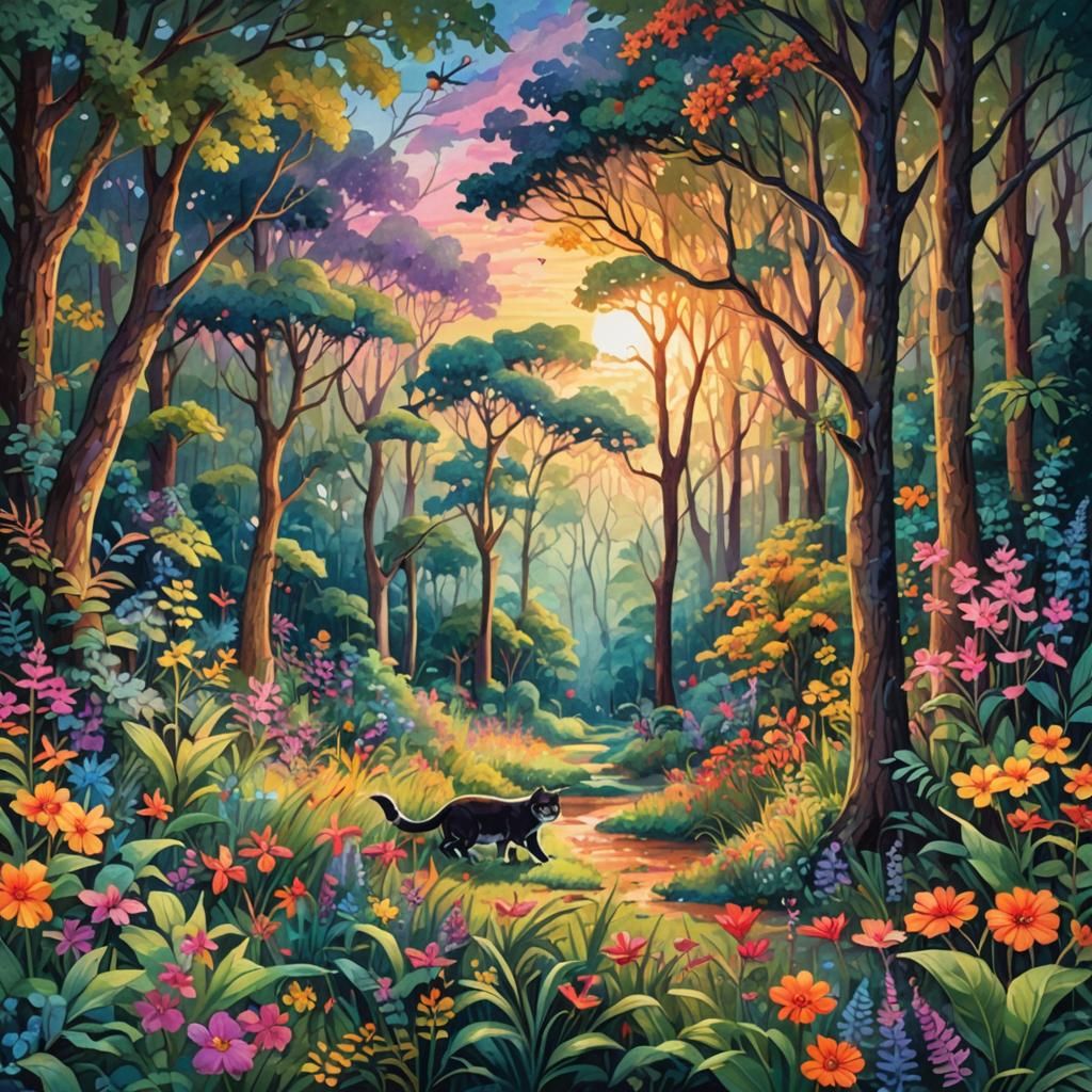 Whimsical Forest Scene with Cats as Impressionist Painting