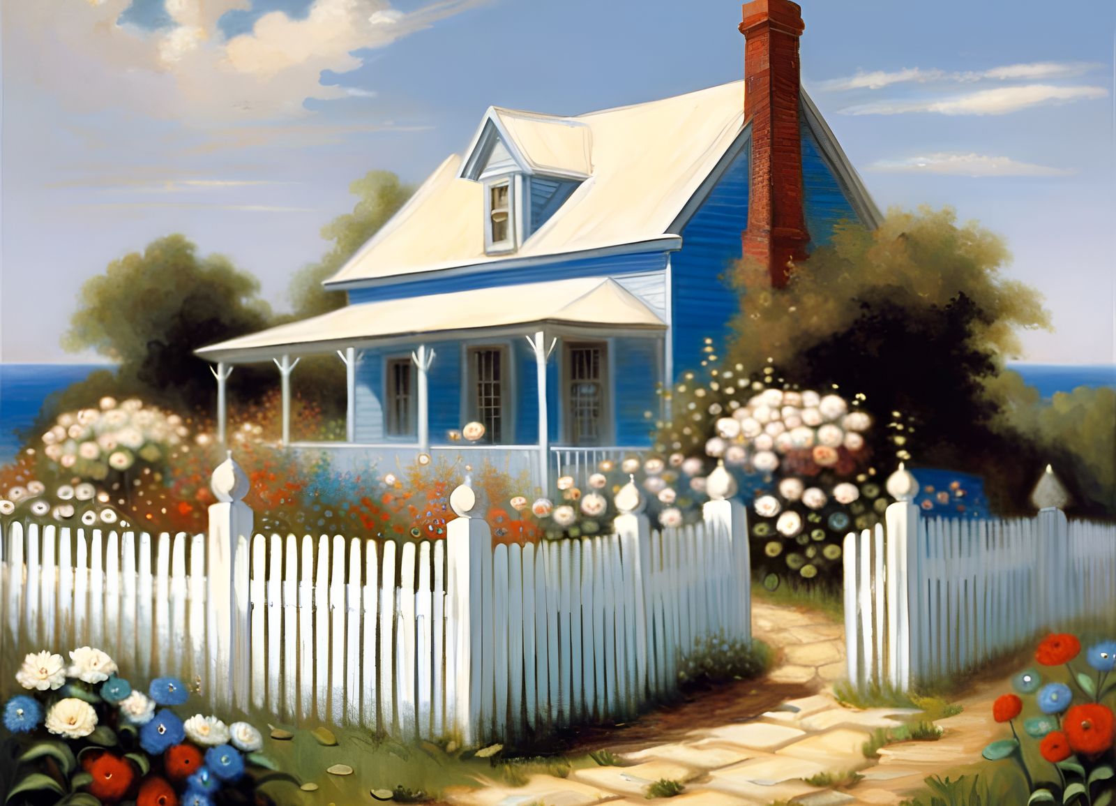 Seaside Cottage with Flower Garden in Romantic Style