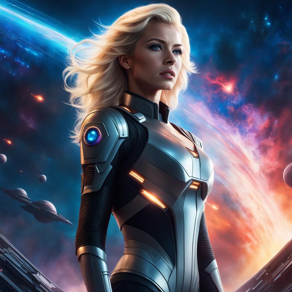 Futuristic Space Heroine in Front of Nebula