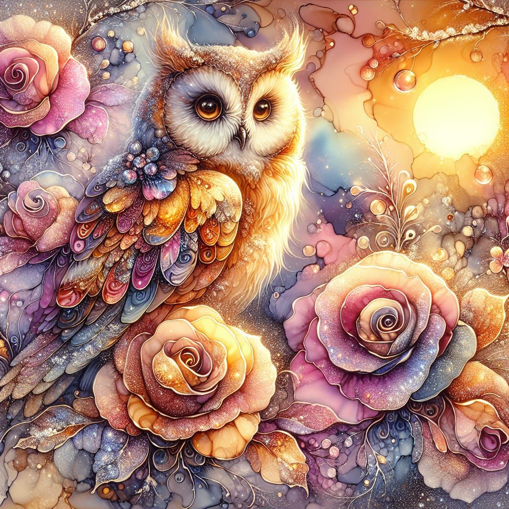 Charming Owls in Sparkling Alcohol Ink Style at Sunset