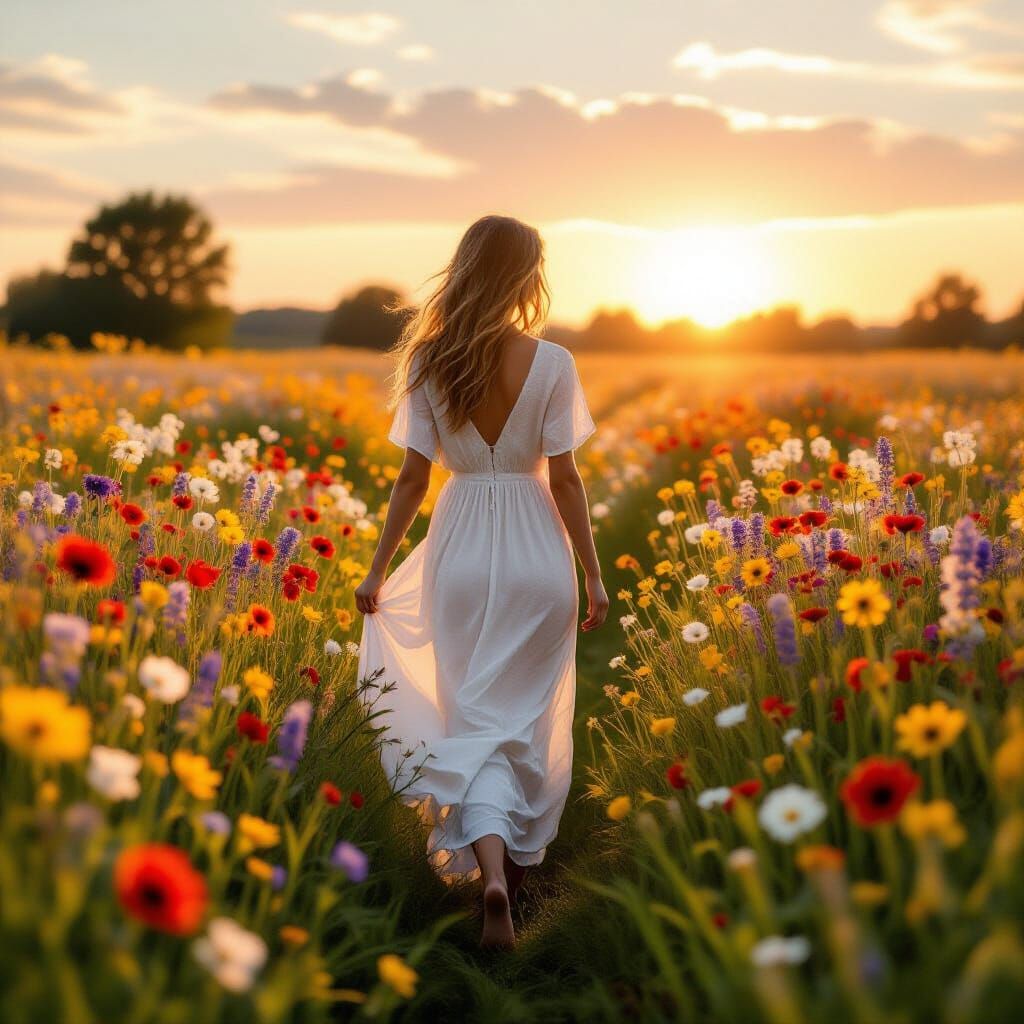 Woman in Wildflower Field at Sunrise, Impressionistic Style