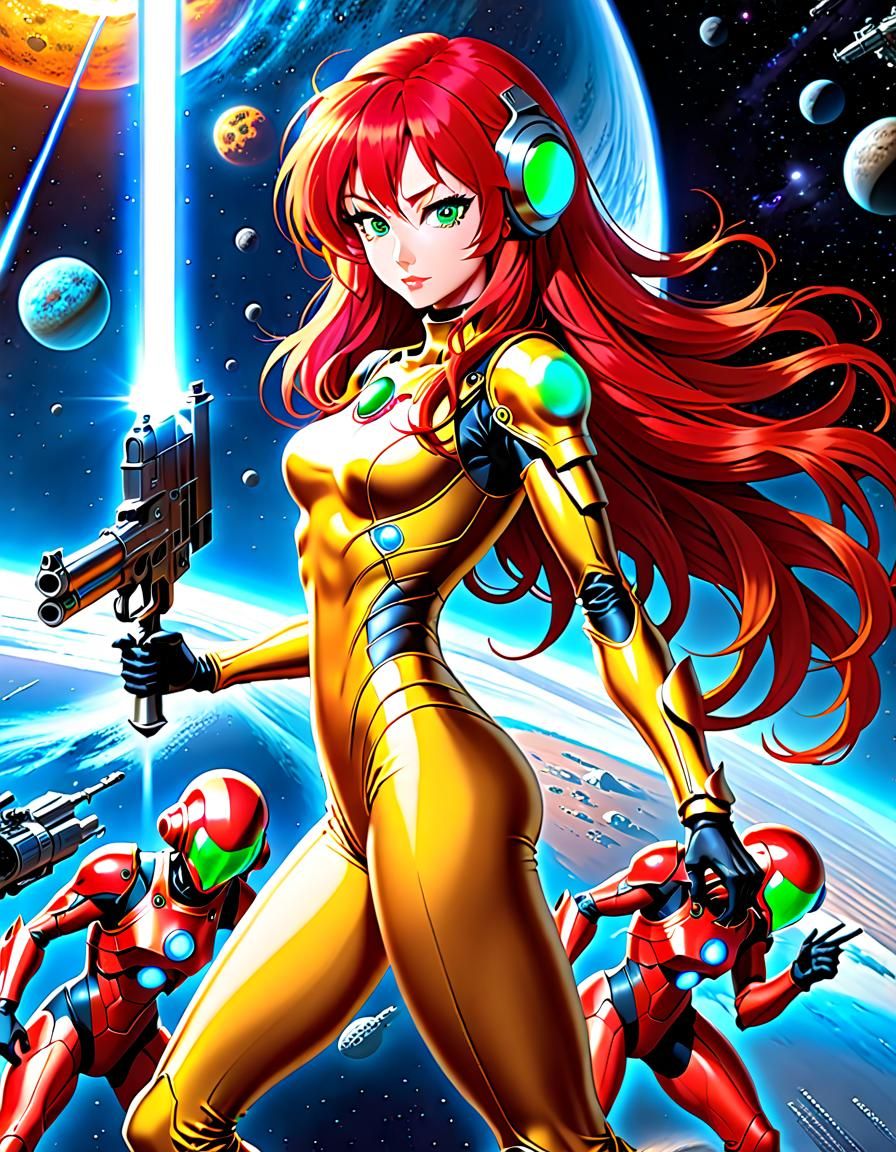 Anime Girl in Retro Space Suit Fighting Monster