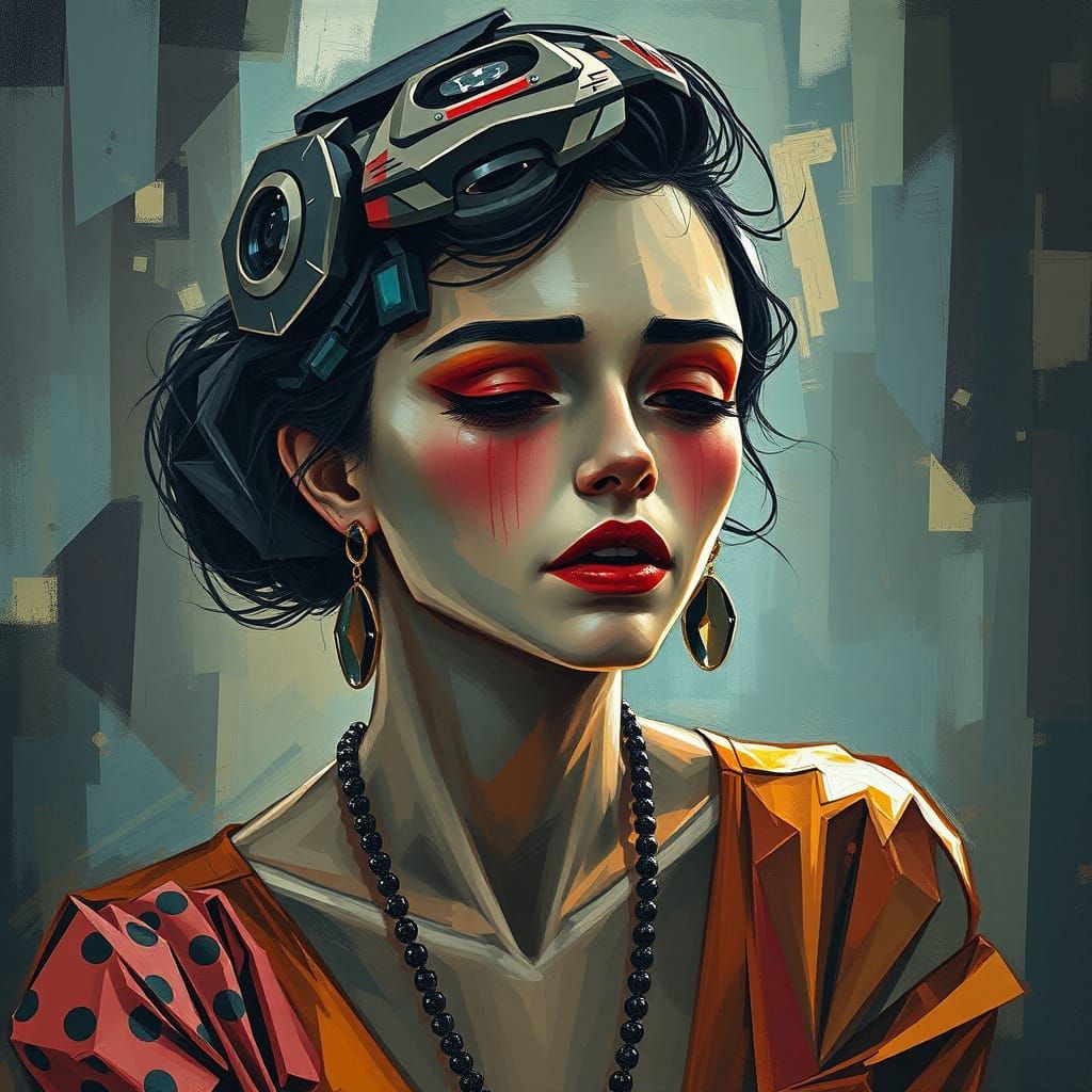 Expressionist Portrait of Sorrow in Art Deco Style