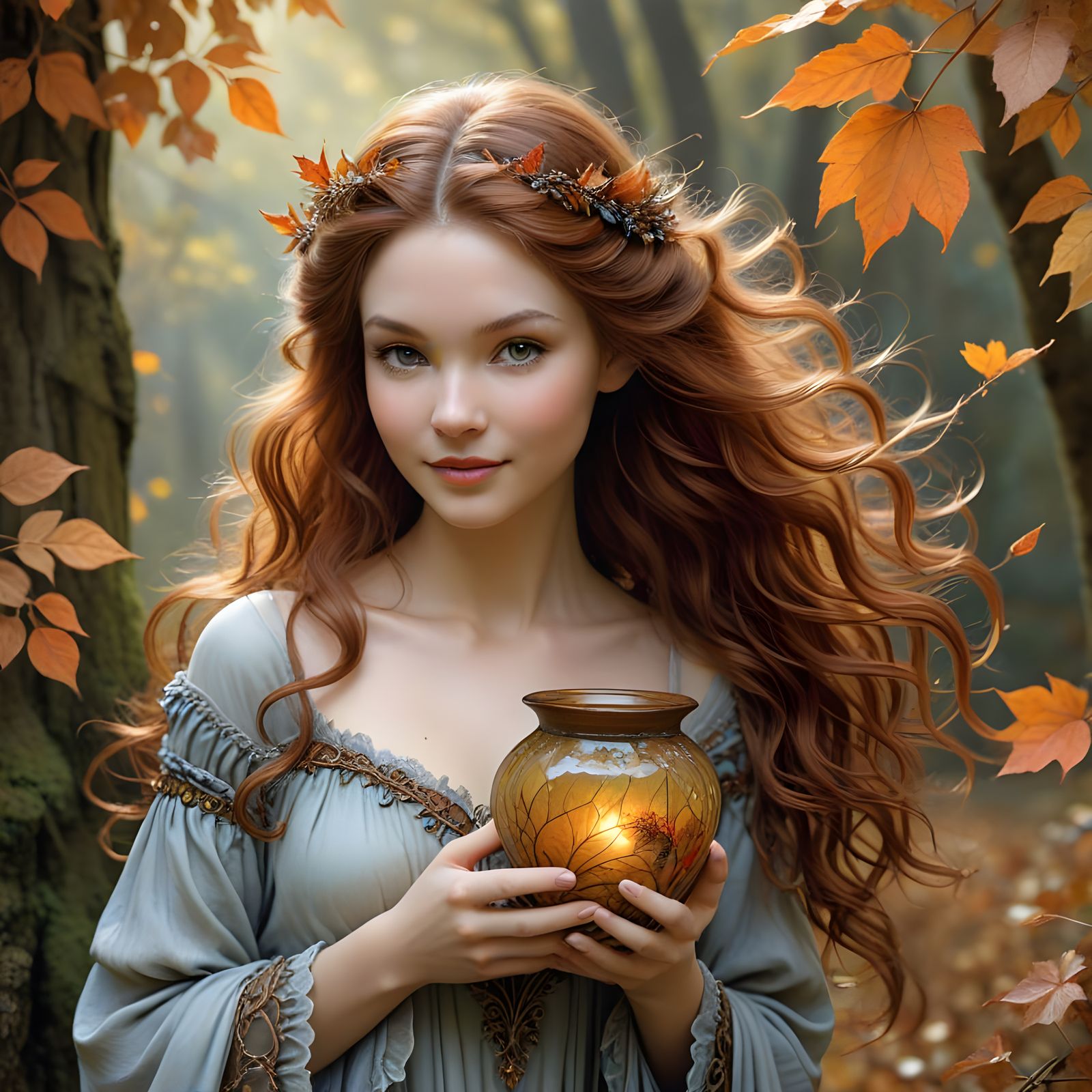 Enchanted Autumn Goddess in Whimsical Style