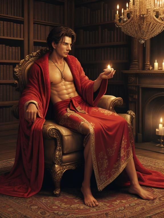 Stolas in Red Bathrobe in Library