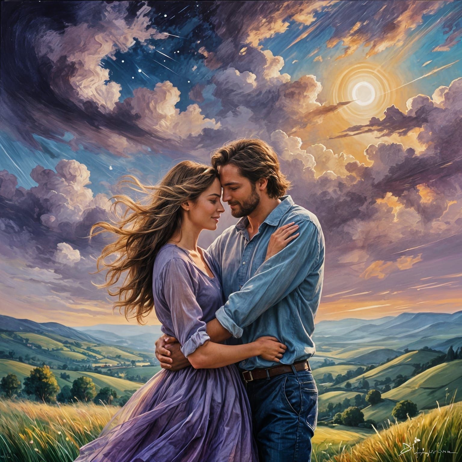 Romantic Couple Under Dramatic Moonlight Sky