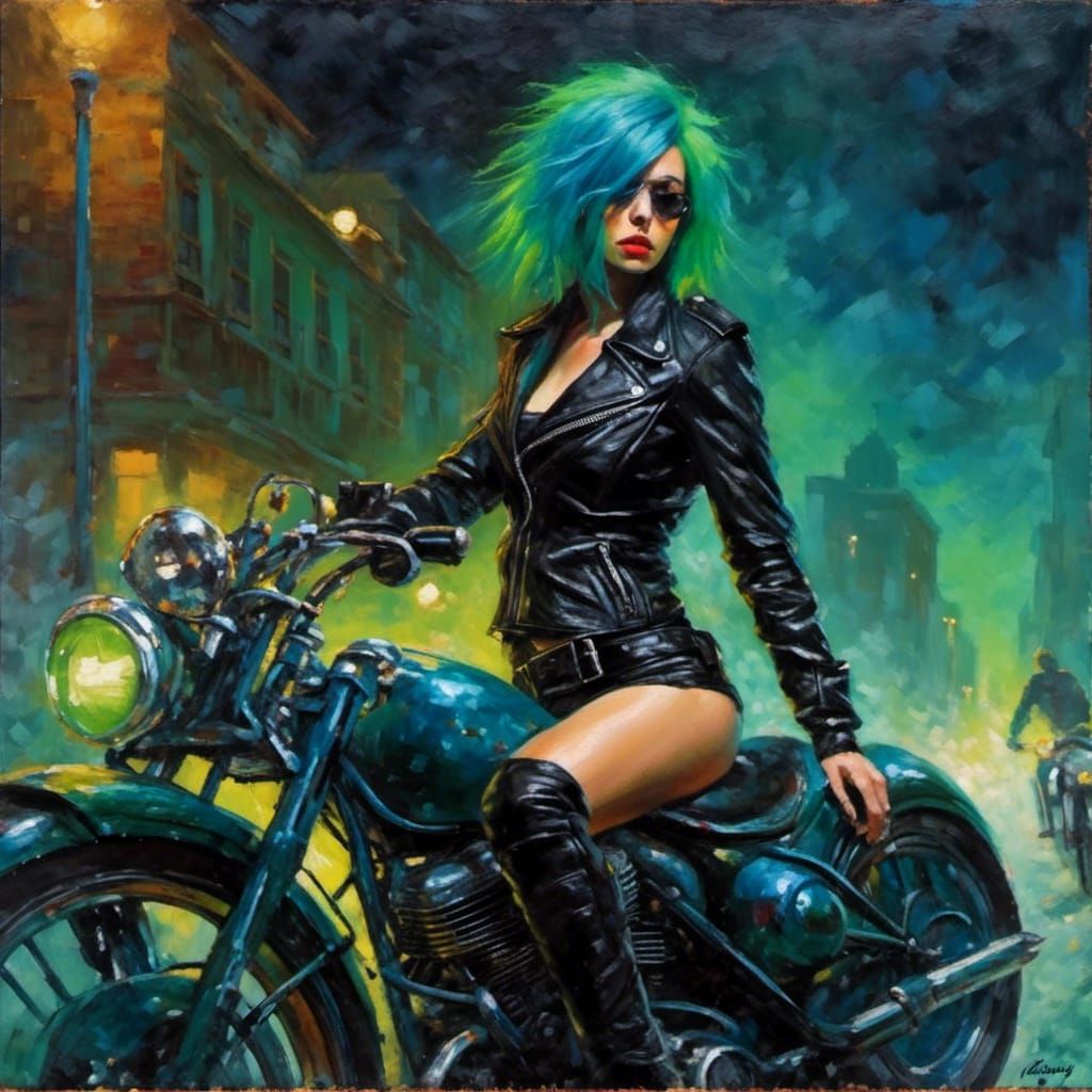 Blue-Green Haired Biker in Black Leather, Oil Painting