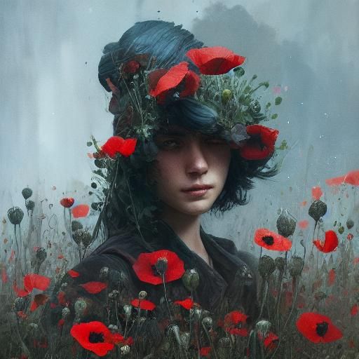 Dark Moody Poppies in Watercolor Style