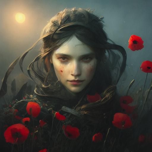 Moody Poppy Portrait in Dark Watercolor Style