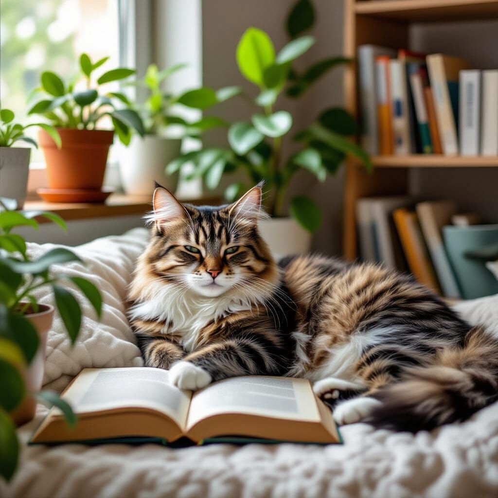 Relaxing Millennial Cat in Cozy Workspace