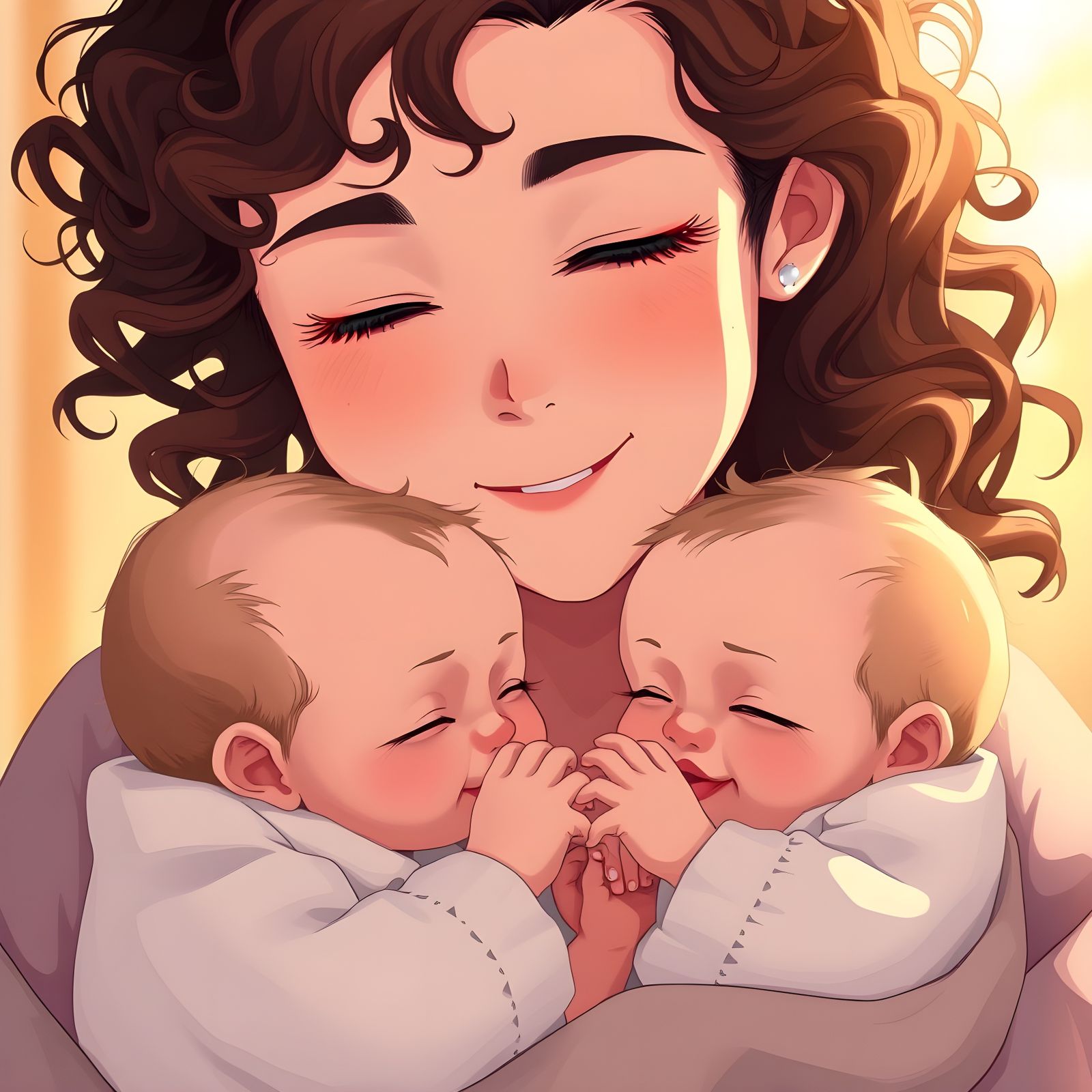 Anime-Style Painting: Mother Cuddling Twin Baby Girls
