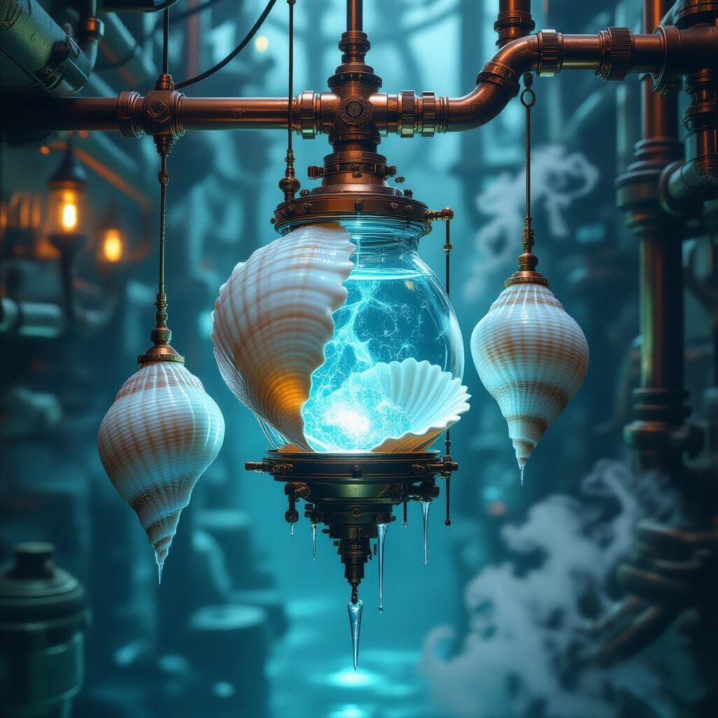 Icy Seashell Steampunk Wind Chimes with Fire Water