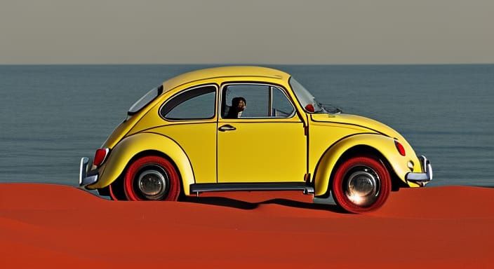 Yellow Beetle on Red Desert at Sunset