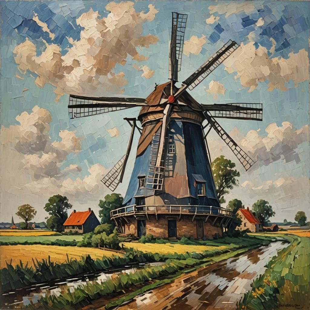 Dutch Windmill: Expressionist Oil Painting with Impasto Text...