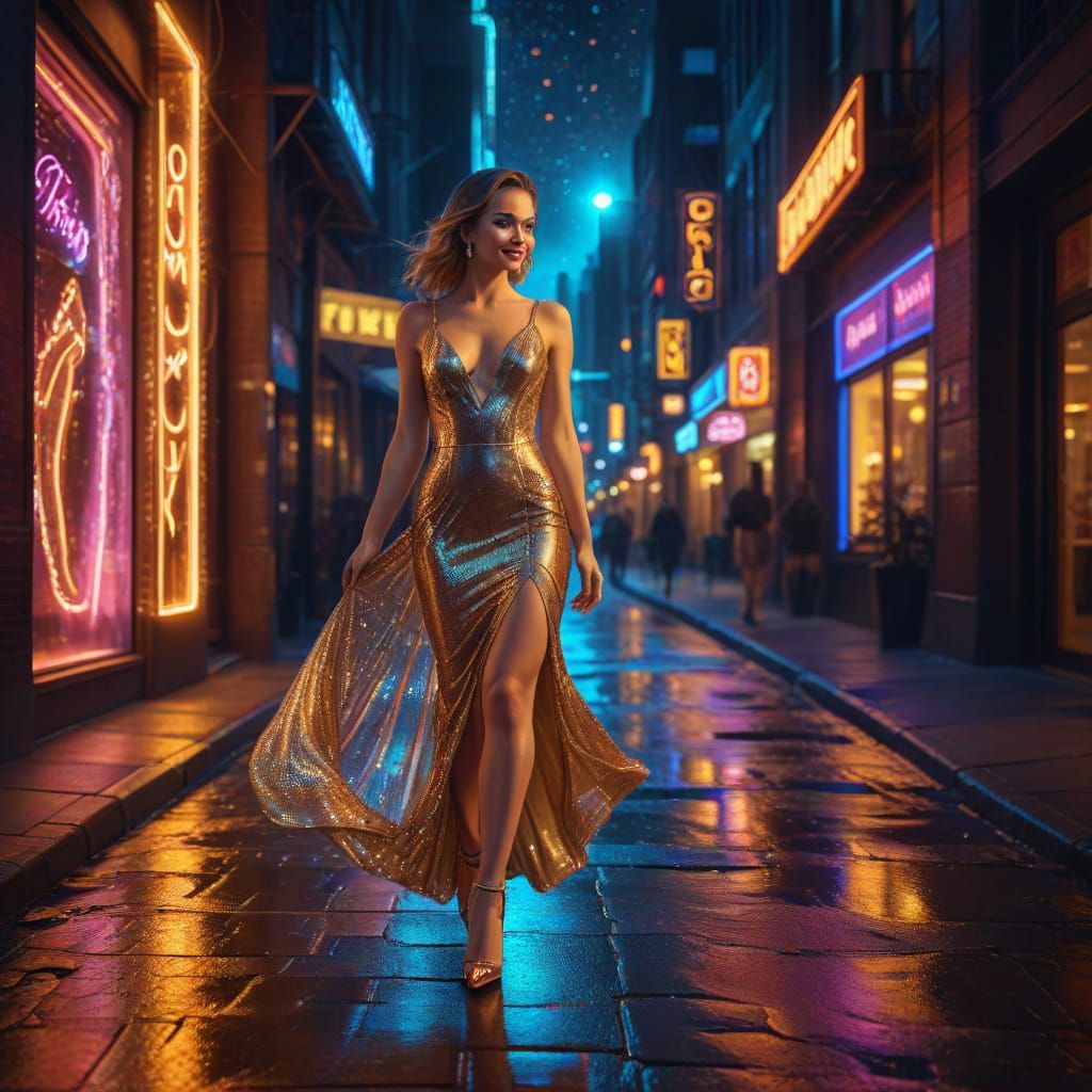 Glamorous Woman in Neon City Street at Night
