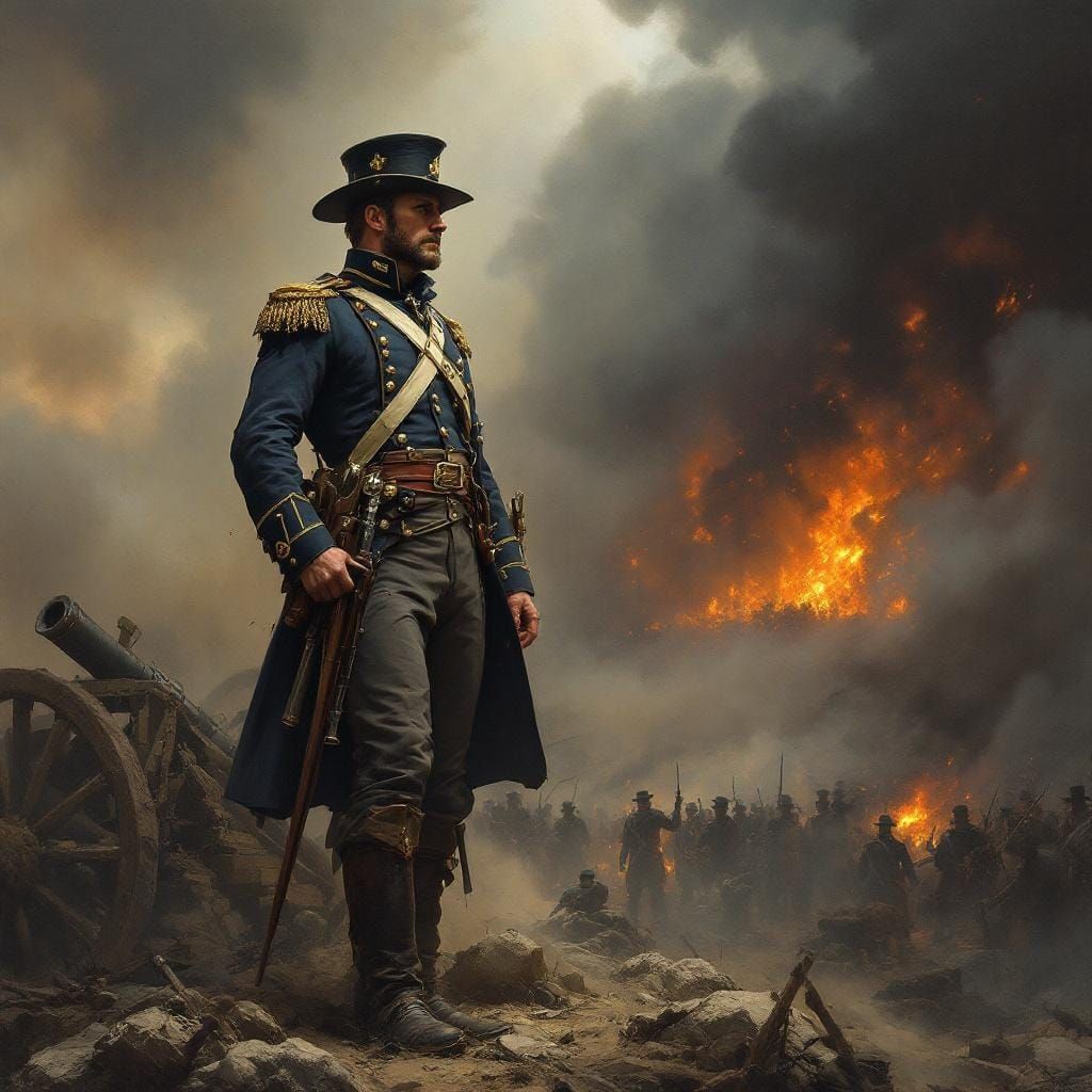 American Soldier in Battlefield, Realistic Painting