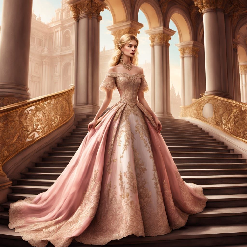 Elegant Baroque Princess on Grand Staircase