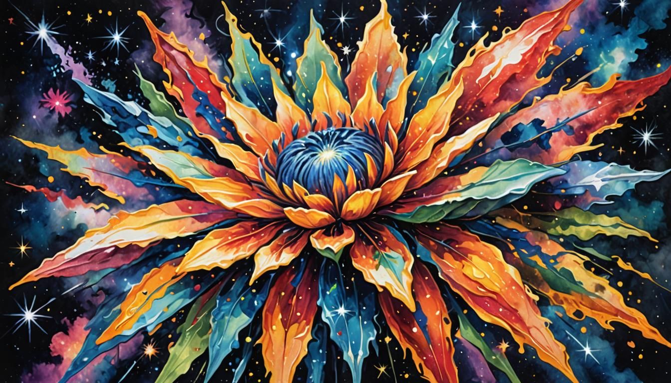 Galactic Flower Blooms: Gouache and Watercolor Impressionism