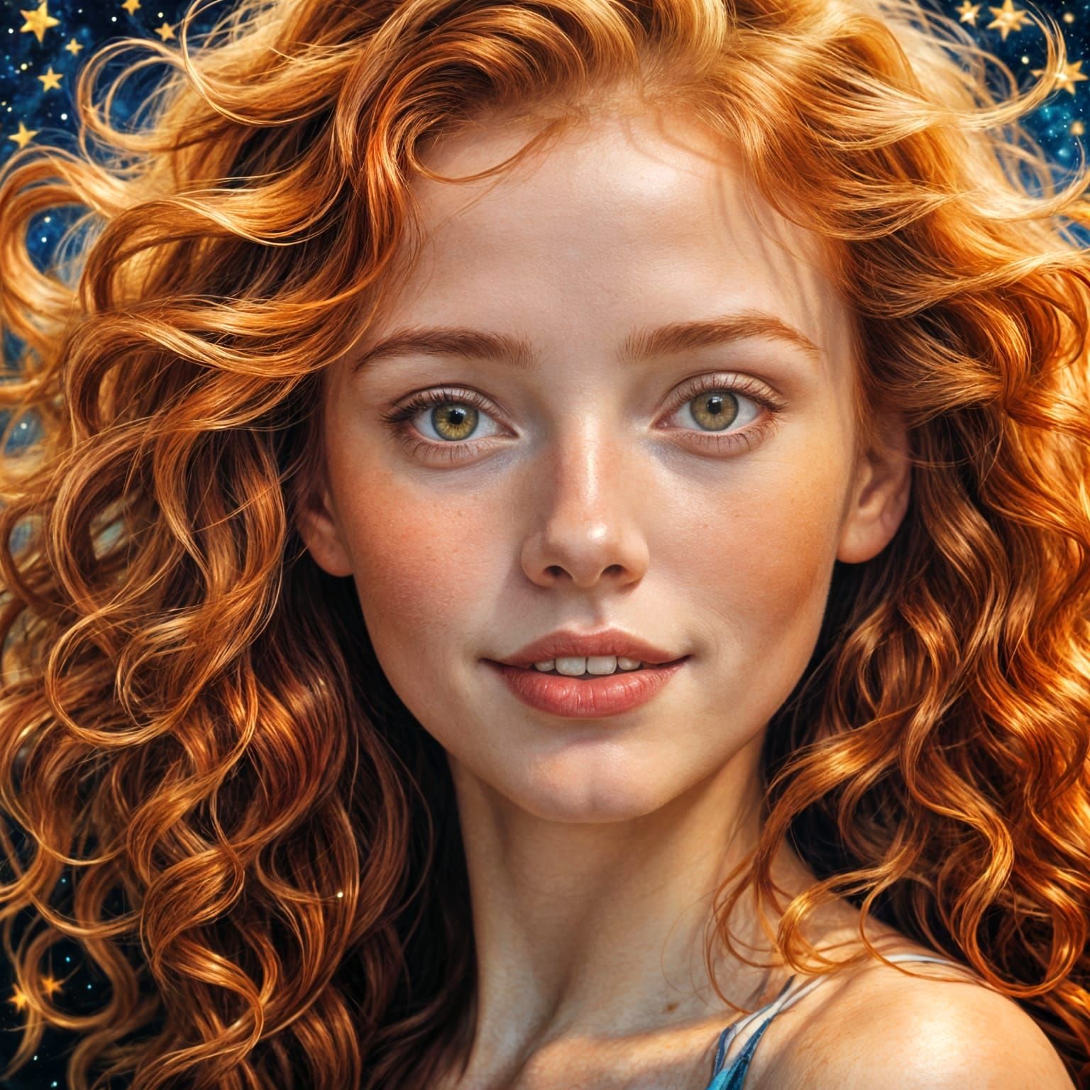Photorealistic Portrait of a Redhead with Starry Background