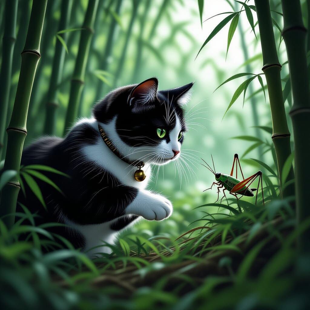 Cat and Cricket in Bamboo Thicket