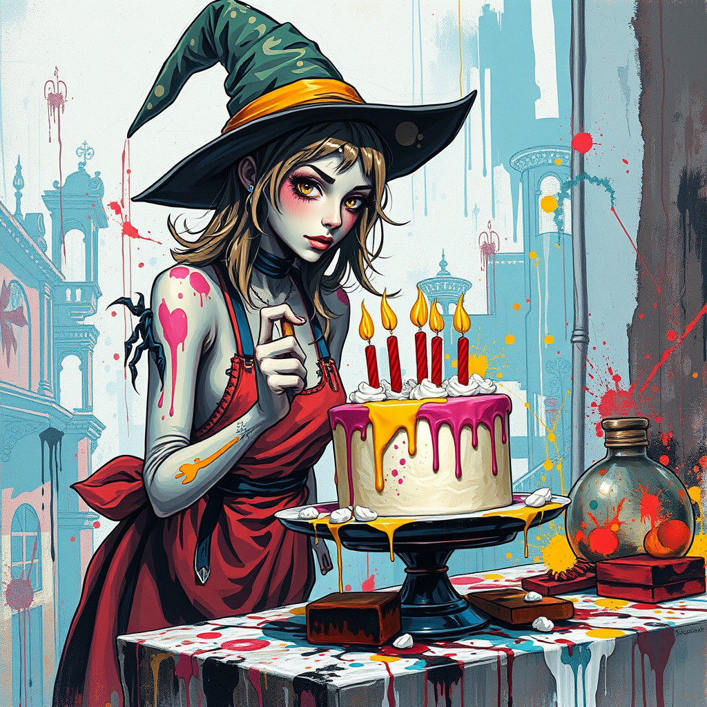 Whimsical Witch Baking a Cake in Graffiti Style