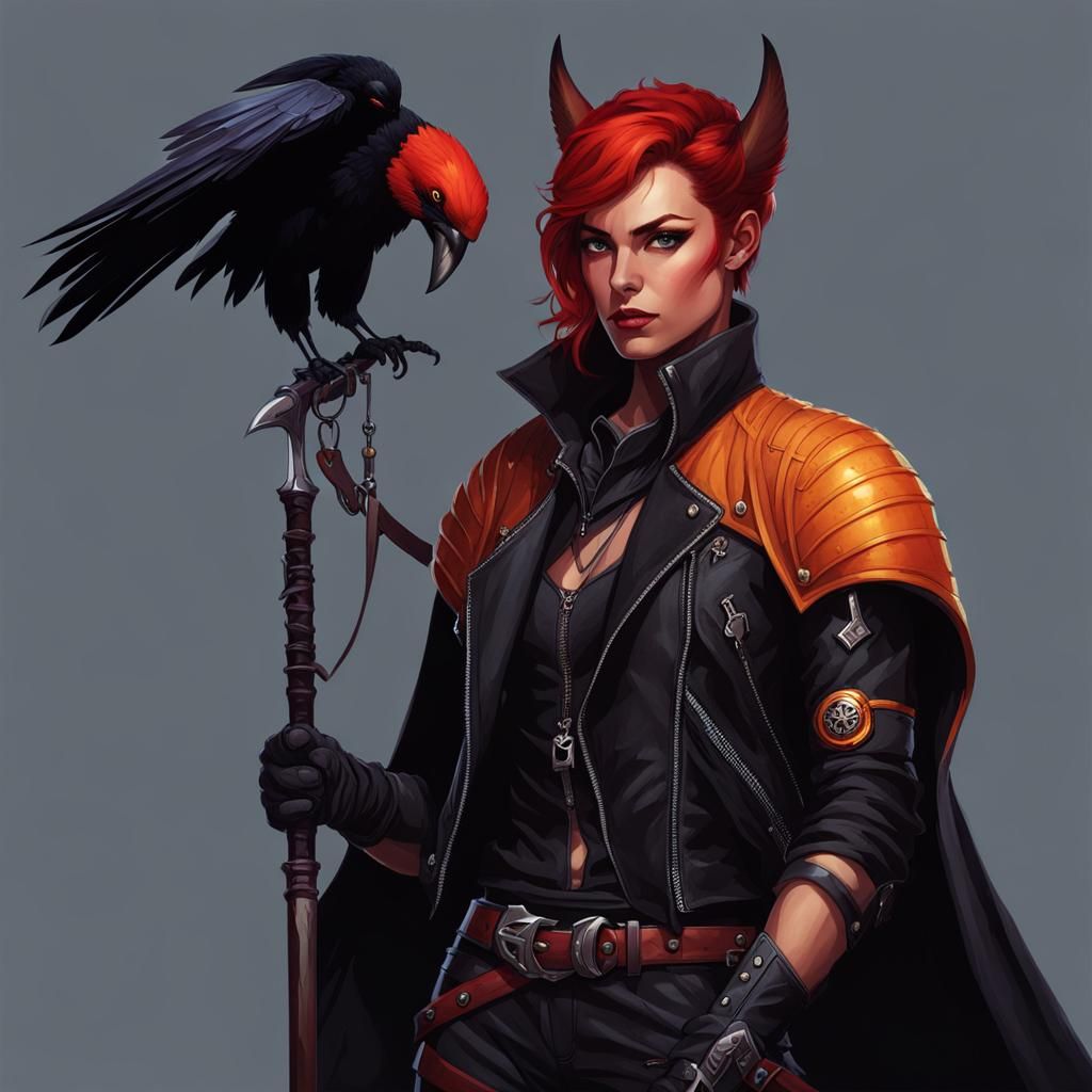 Tiefling Biker Ranger with Two-Headed Crow