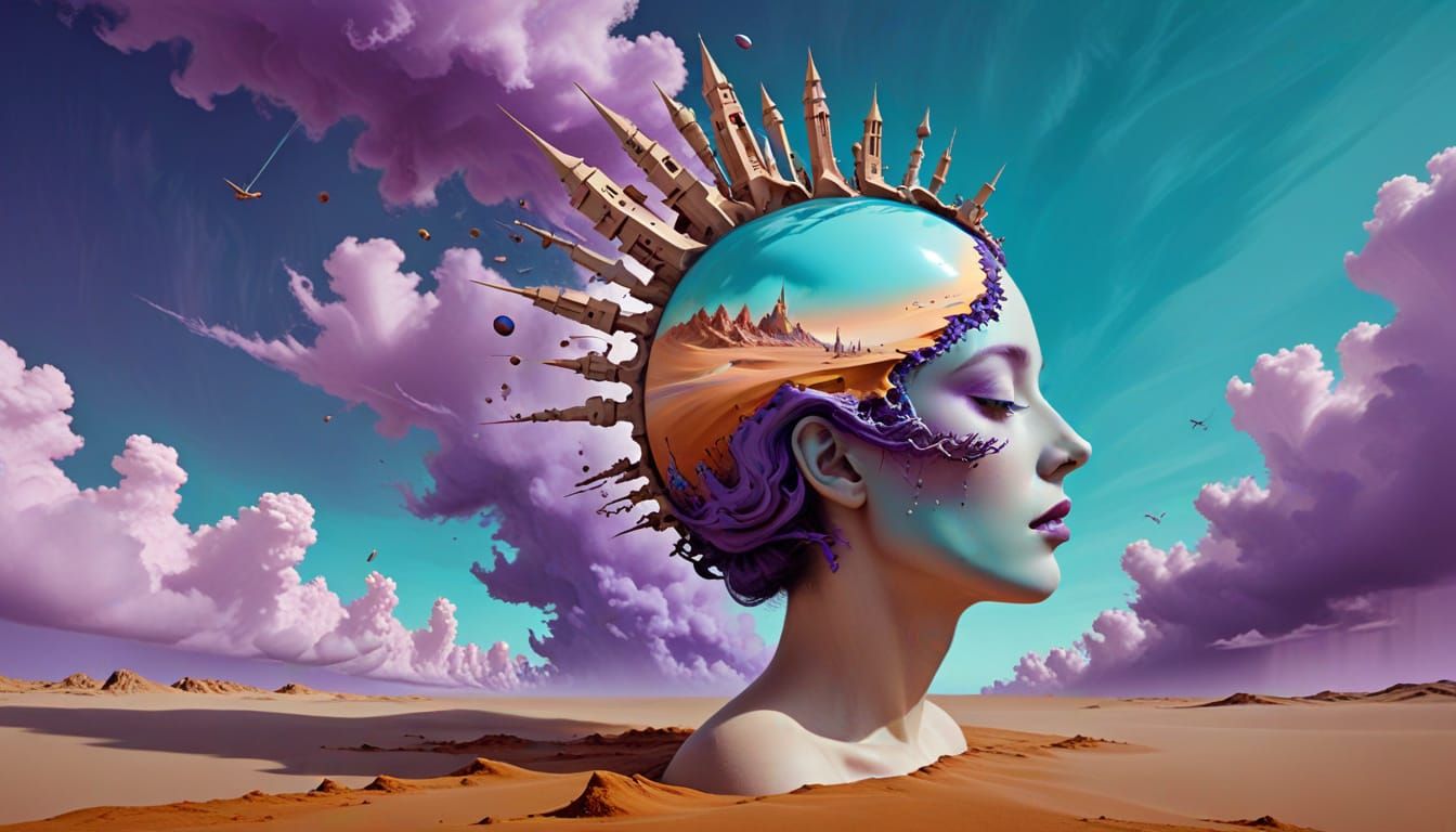 Surrealist Dreamer Contemplates Existence in Turquoise Purpl...