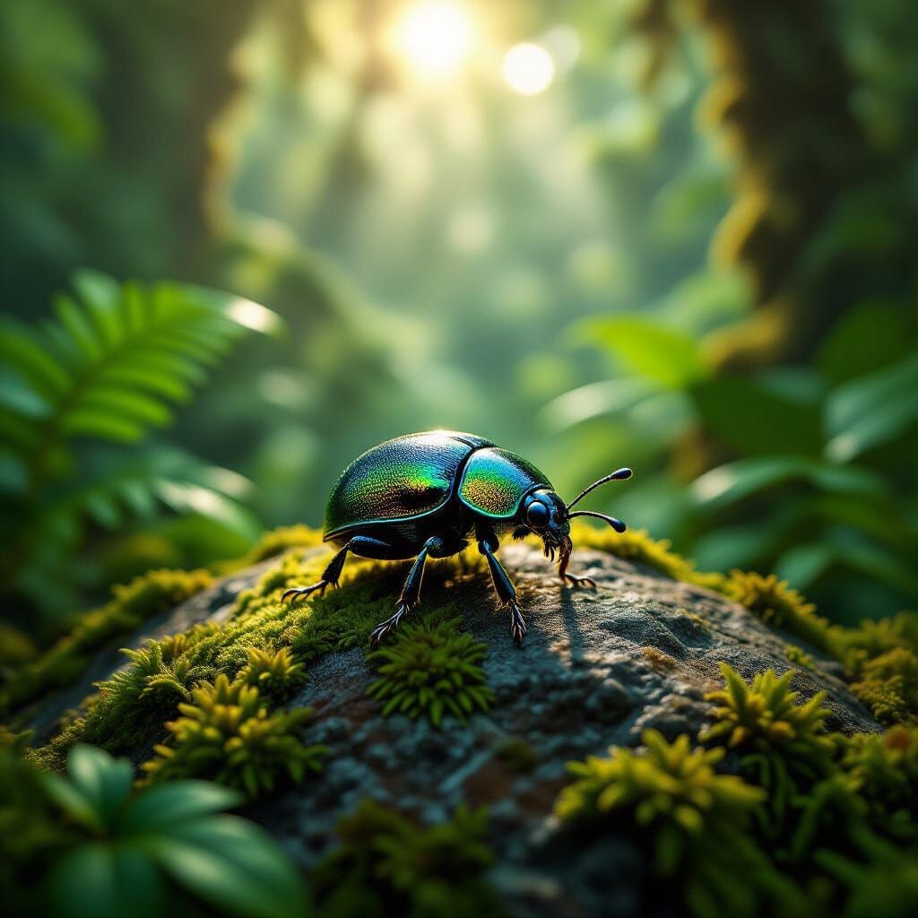 Iridescent Beetle in Prehistoric Jungle: Hyperrealistic Macr...