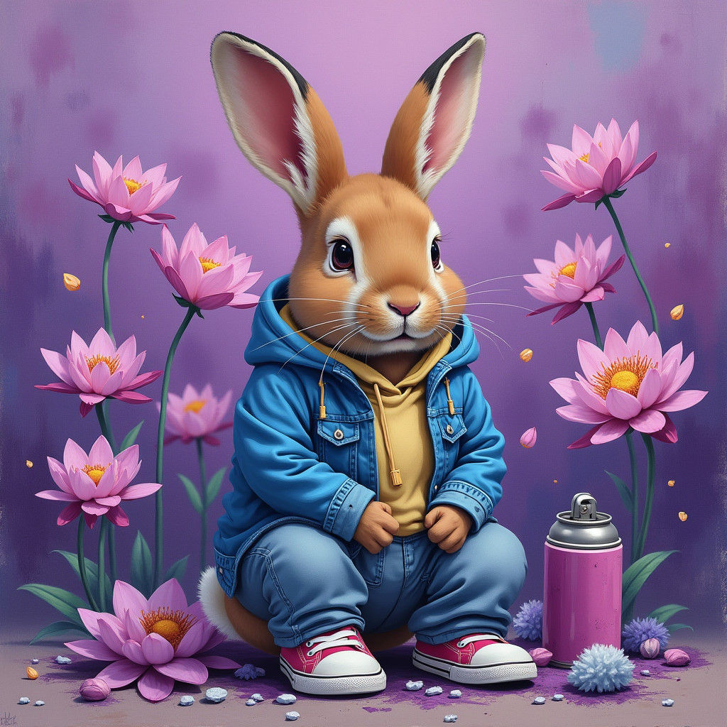 Rabbit in Graffiti Art Style Flower Garden