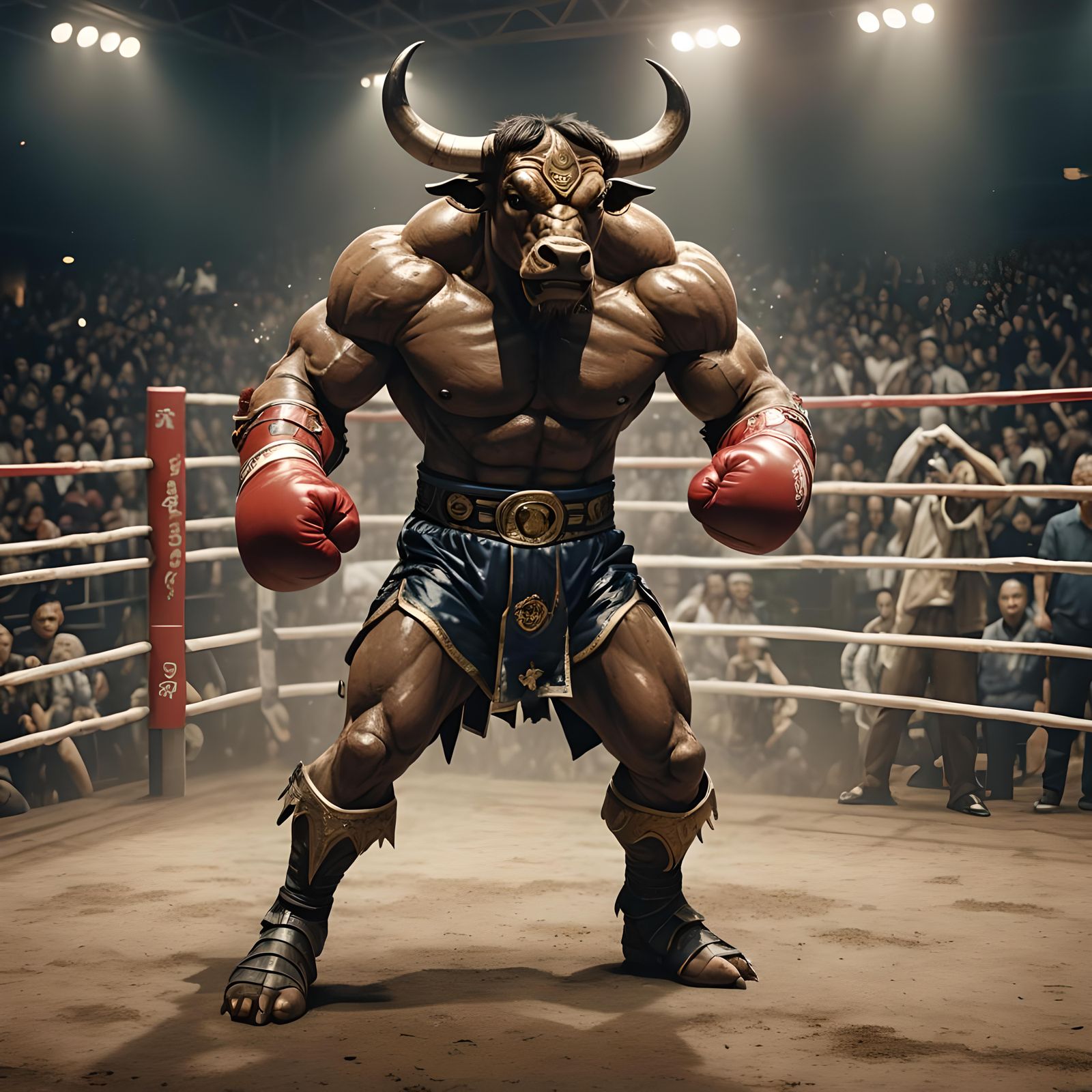 Victorious Humanoid Bull Boxer in Boxing Ring