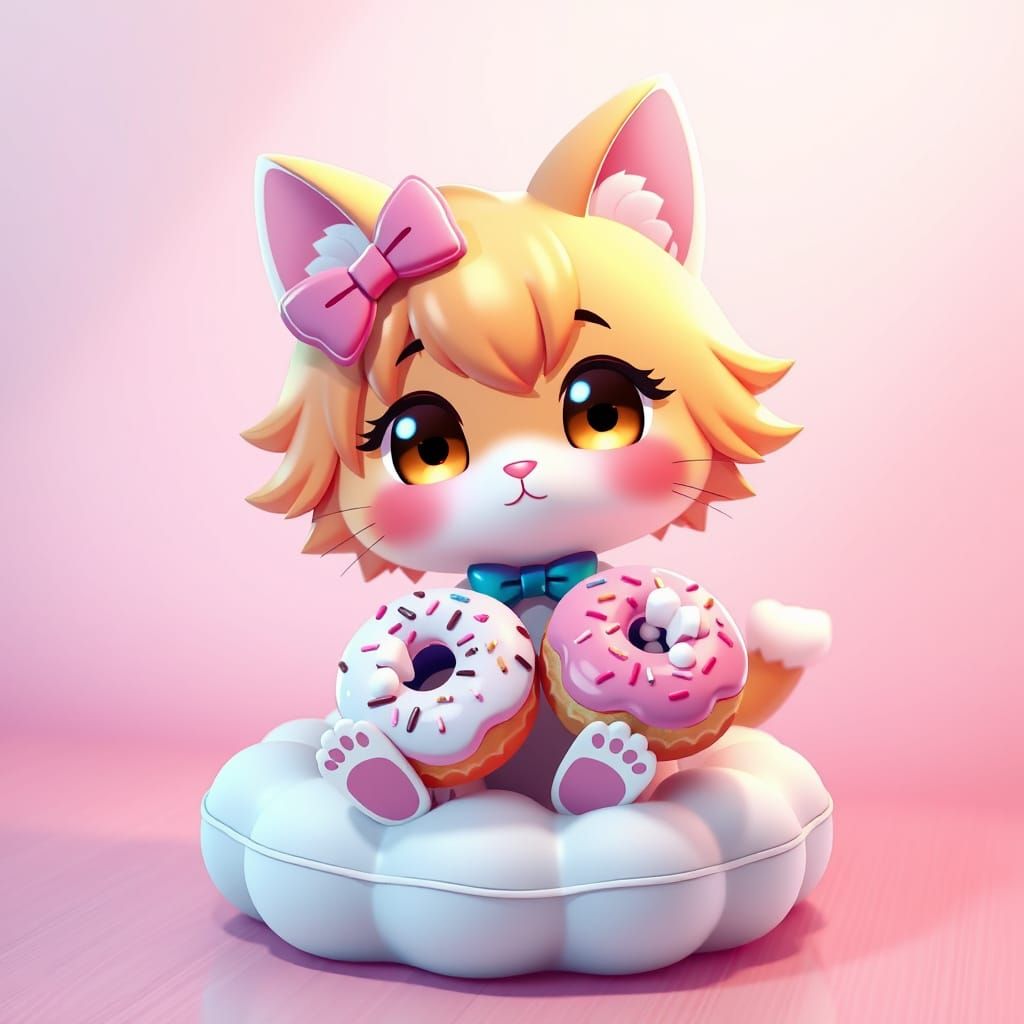 Adorable Chibi Cat with Donuts in 3D Anime Style