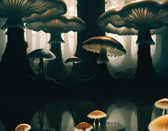 Jellyfish and Toadstools in Misty Landscape