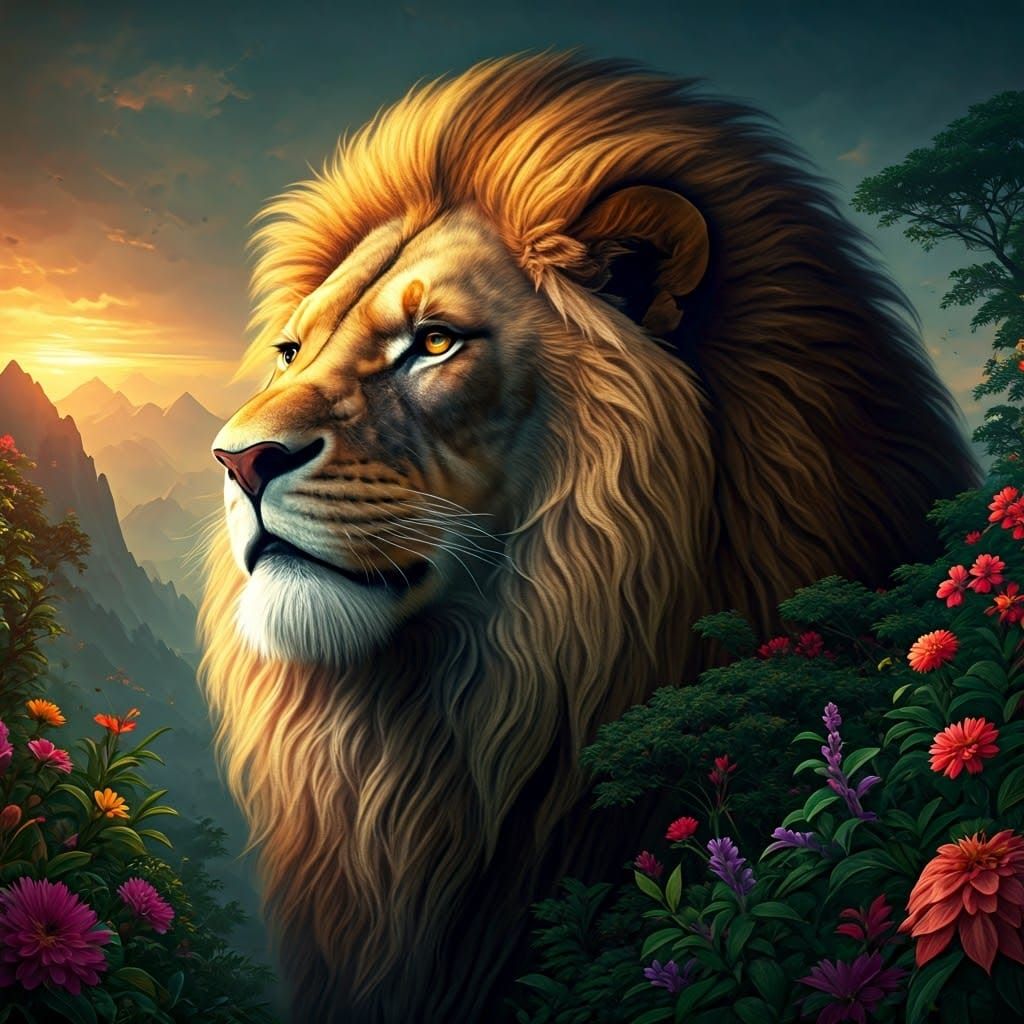 Roaring Lion Double Exposure with Jungle Sunset