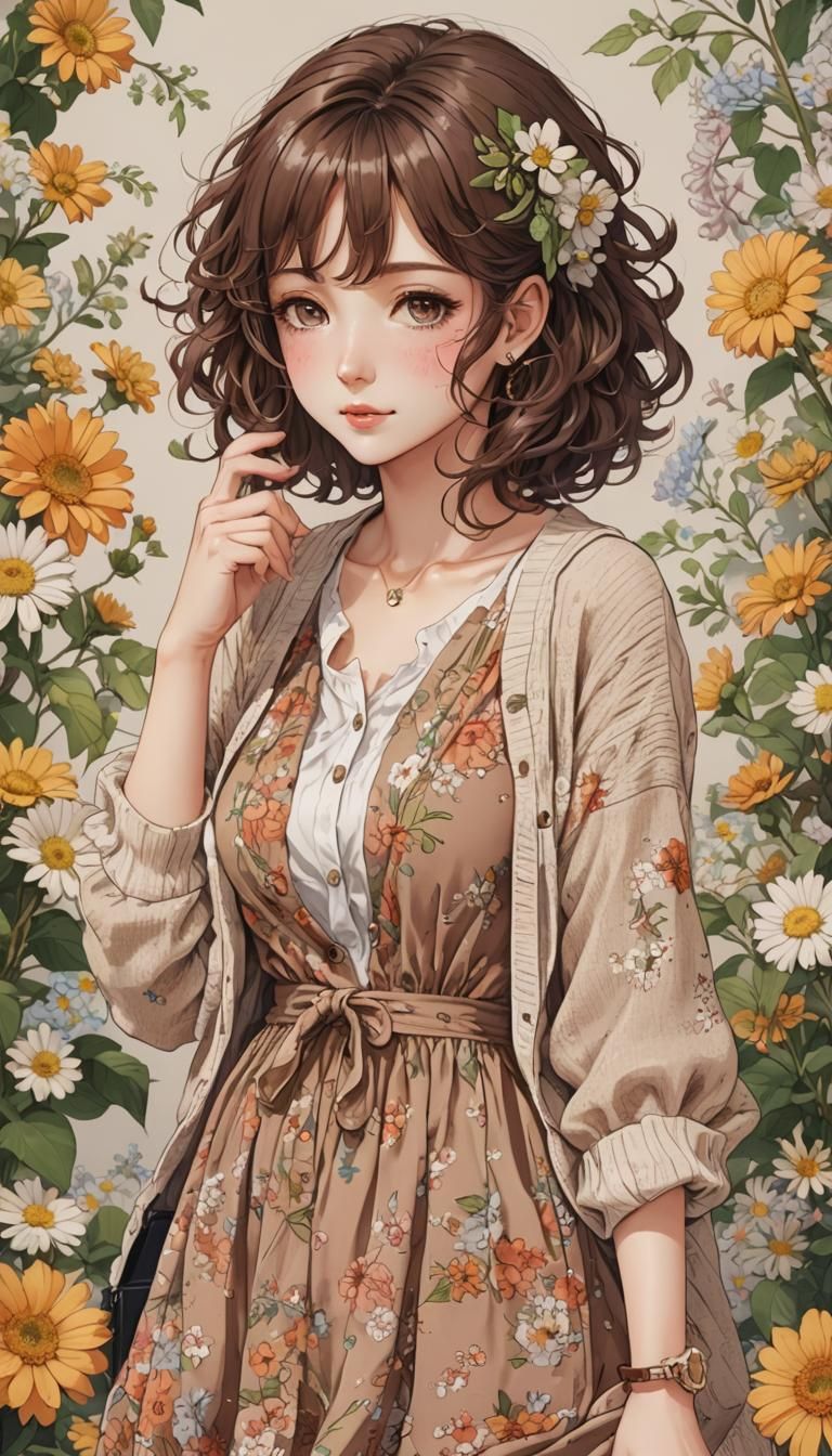 Anime Style Portrait of Woman in Floral Dress